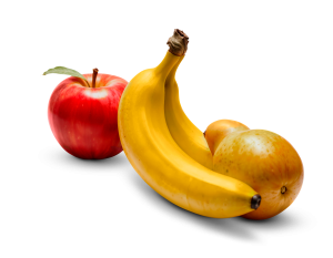 plátano, naranja y manzana